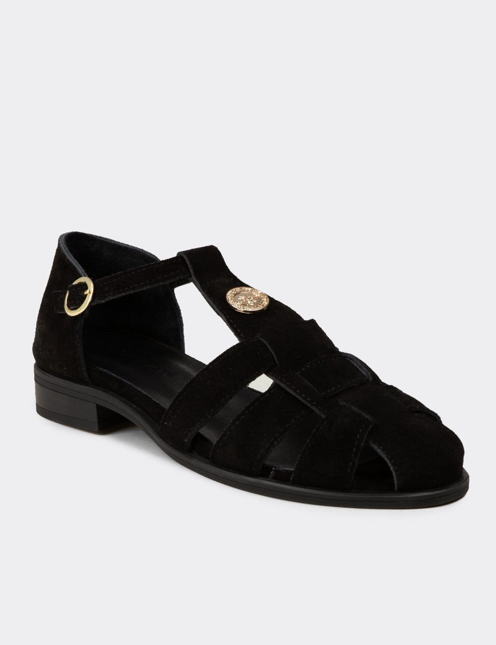 Women's Black Suede Leather Sandals - Z4168ZSYHC01