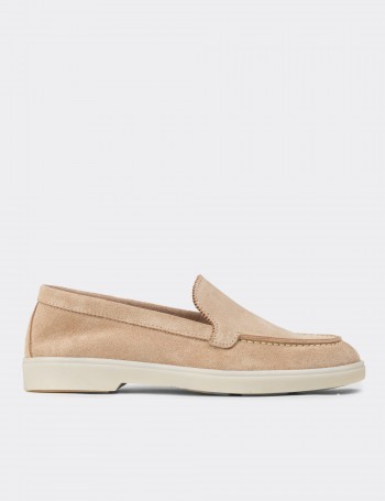 Women's Beige Suede Leather Loafers