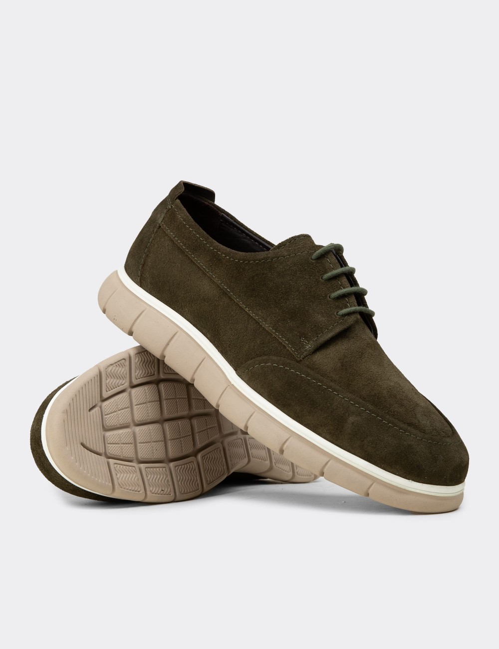 Men's Green Suede Leather Laced Shoes - 02046MYSLE01