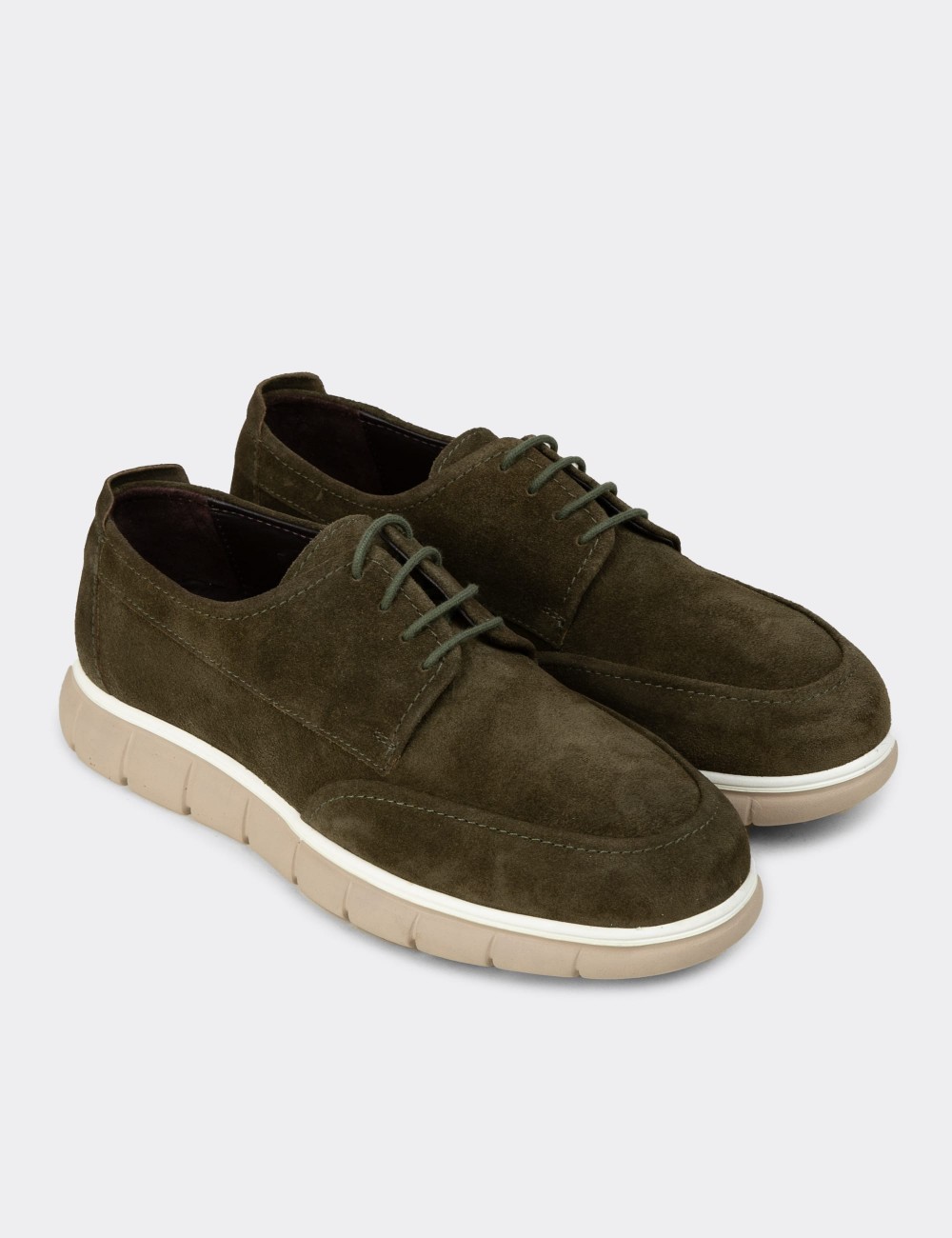 Men's Green Suede Leather Laced Shoes - 02046MYSLE01