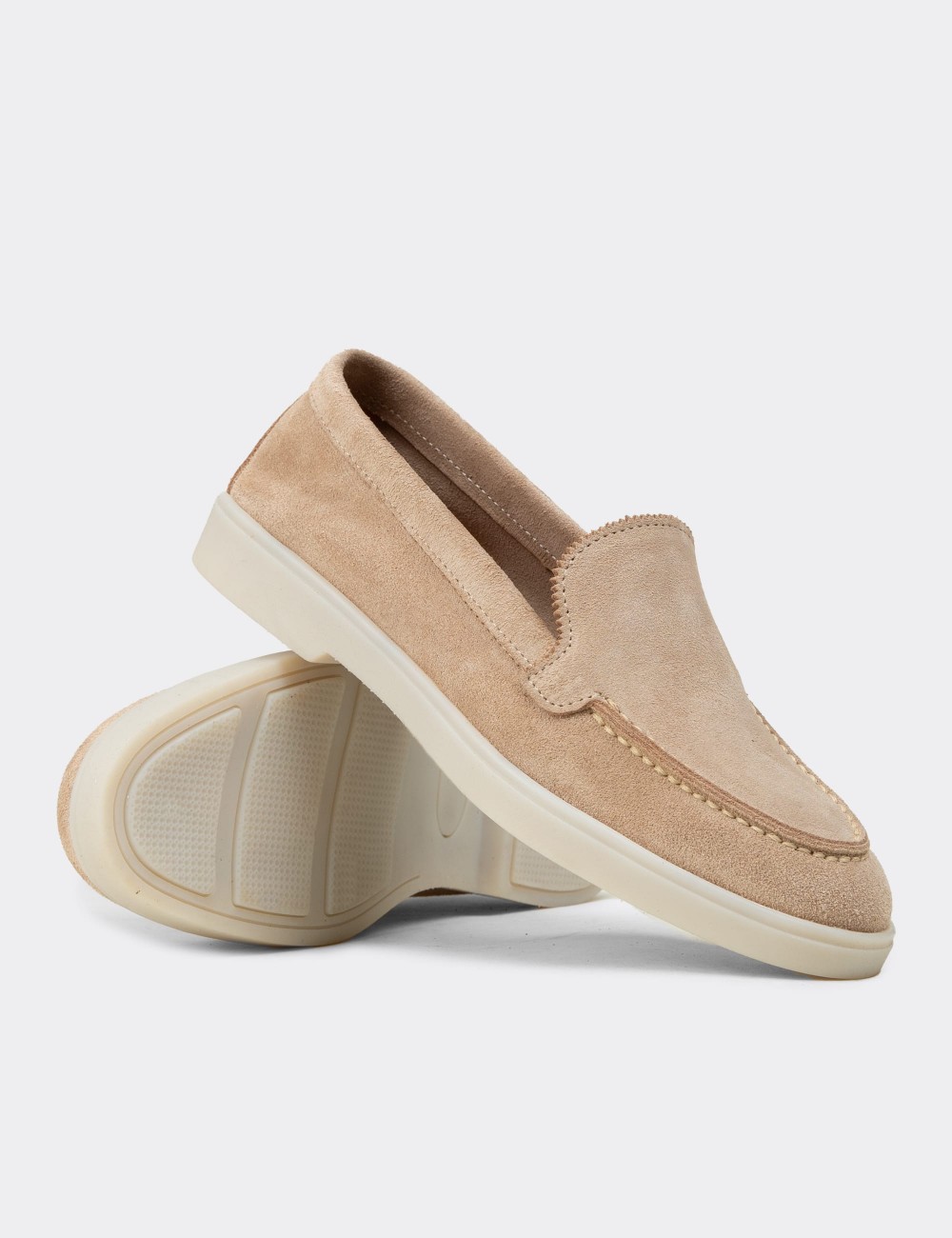 Women's Beige Suede Leather Loafers - 02039ZBEJC01