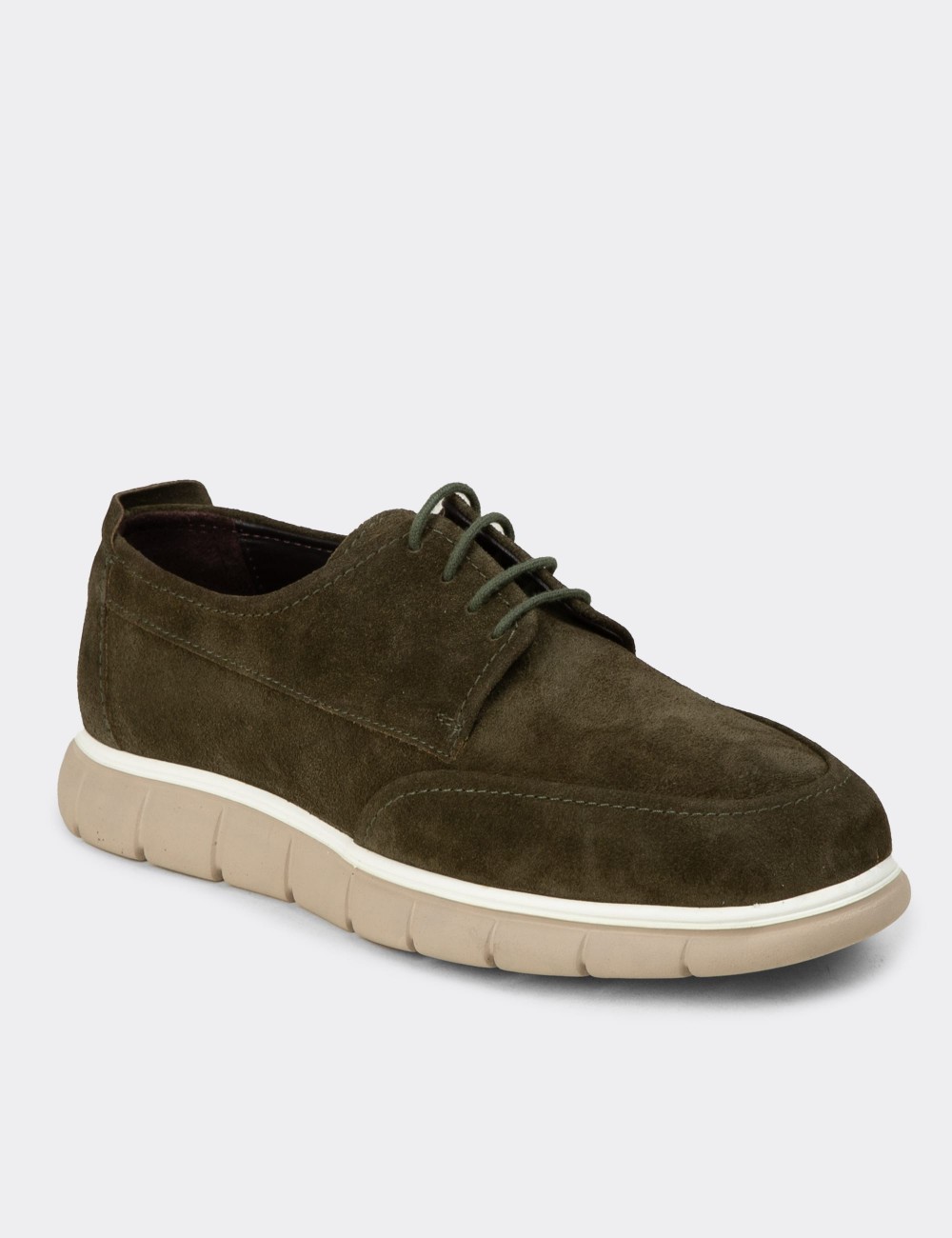 Men's Green Suede Leather Laced Shoes - 02046MYSLE01