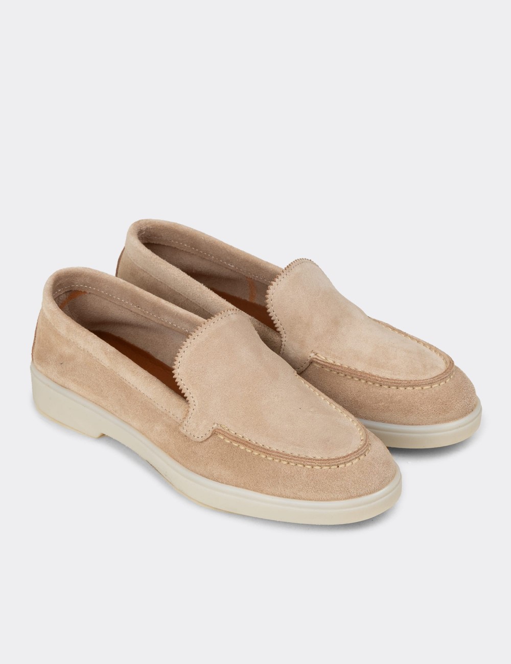 Women's Beige Suede Leather Loafers - 02039ZBEJC01