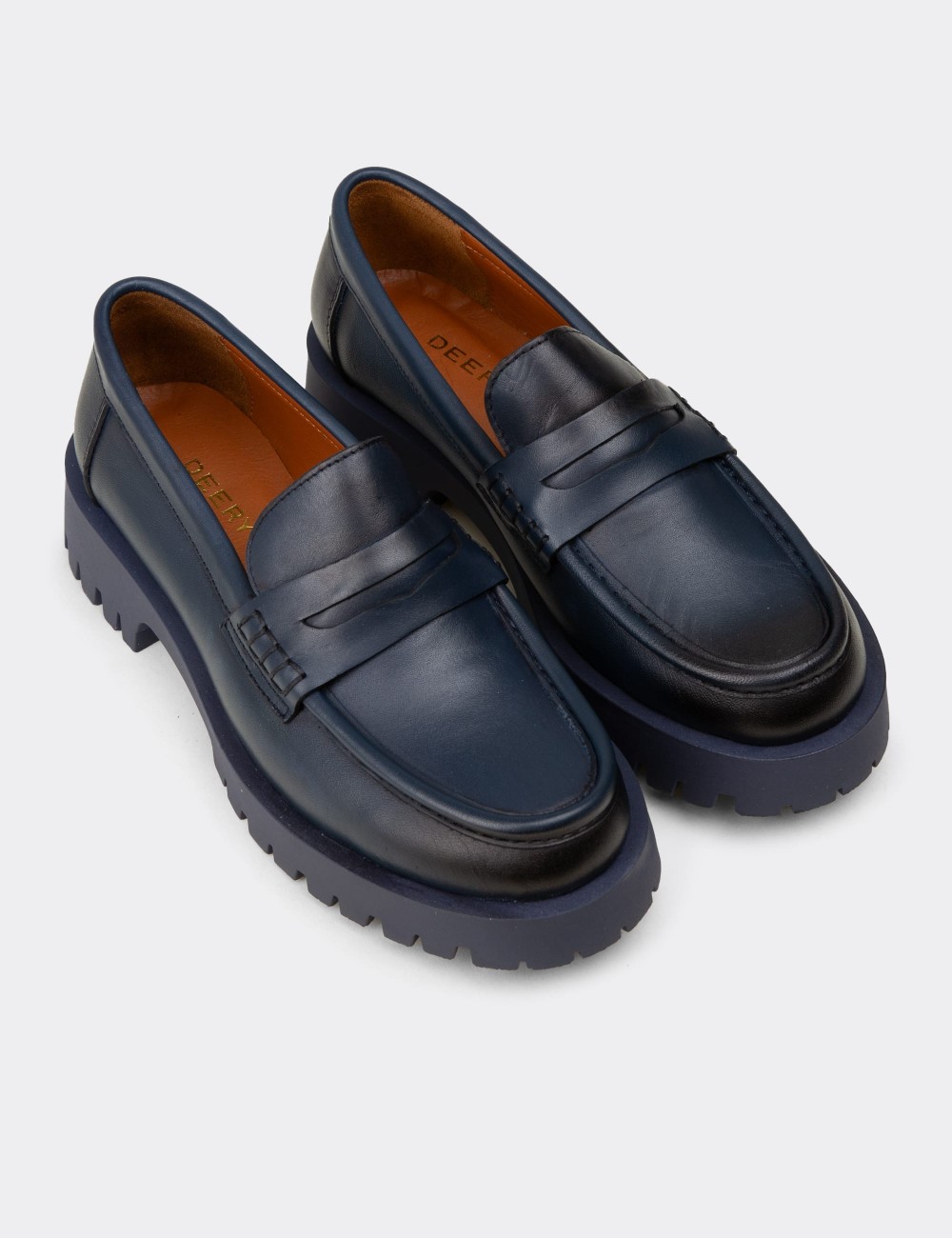 Women's Navy Suede Leather Loafers - 02034ZLCVC03