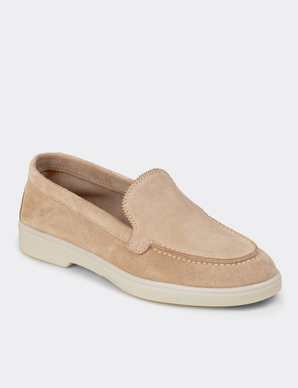 Women's Beige Suede Leather Loafers - 02039ZBEJC01
