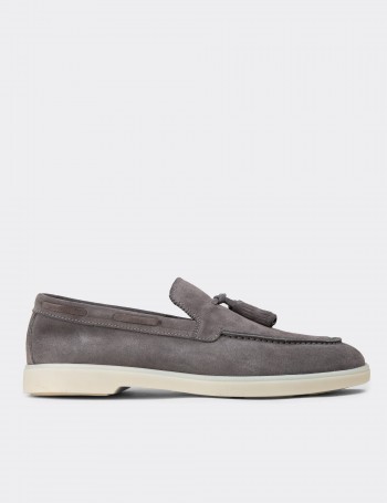 Men's Gray Suede Leather Loafers - 02027MGRIC01