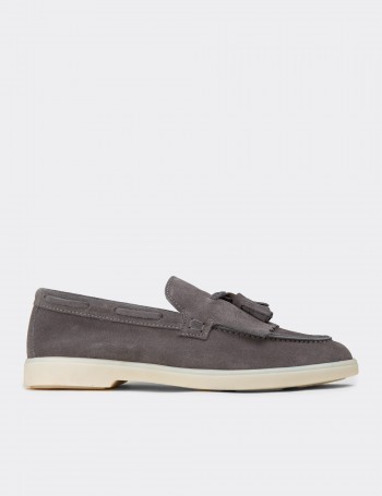 Men's Gray Suede Leather Tassel Loafers