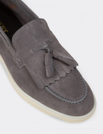 Men's Gray Suede Leather Tassel Loafers