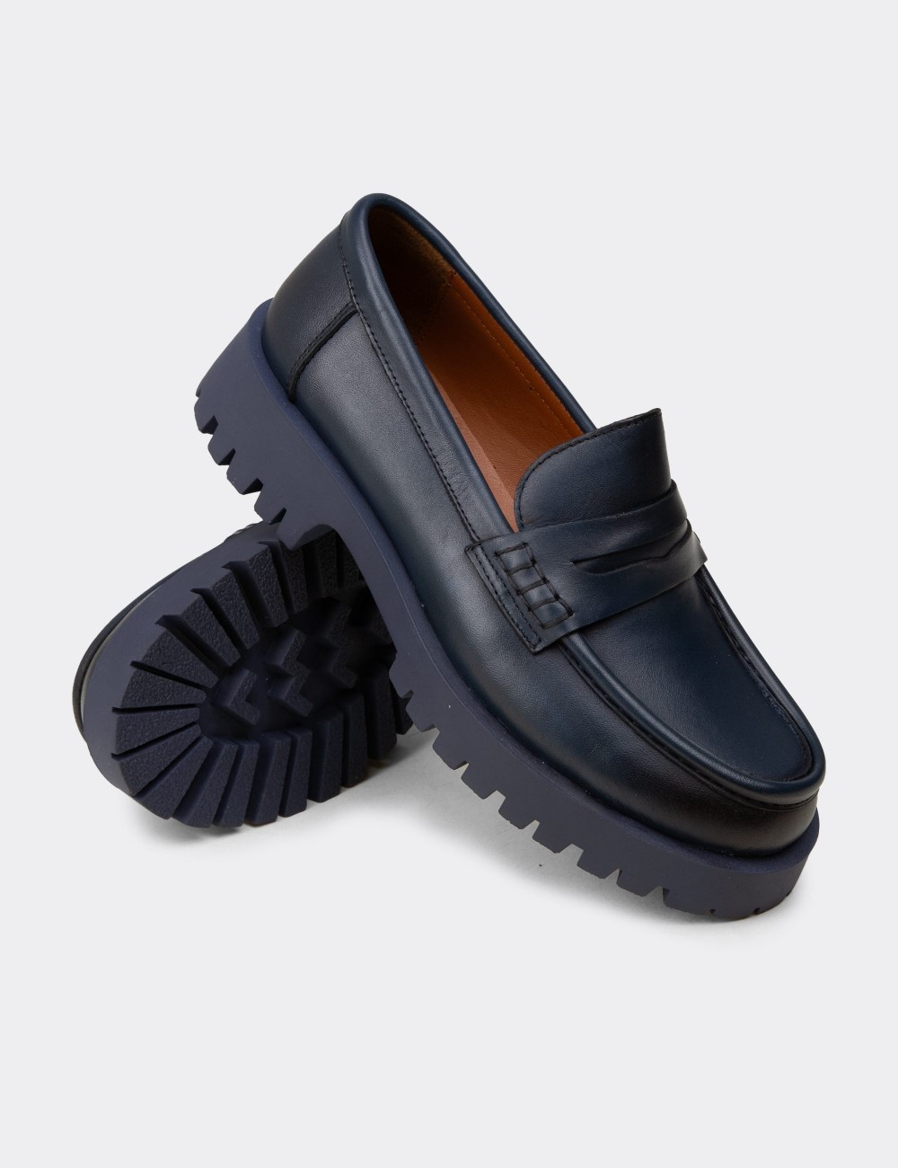 Women's Navy Suede Leather Loafers - 02034ZLCVC03