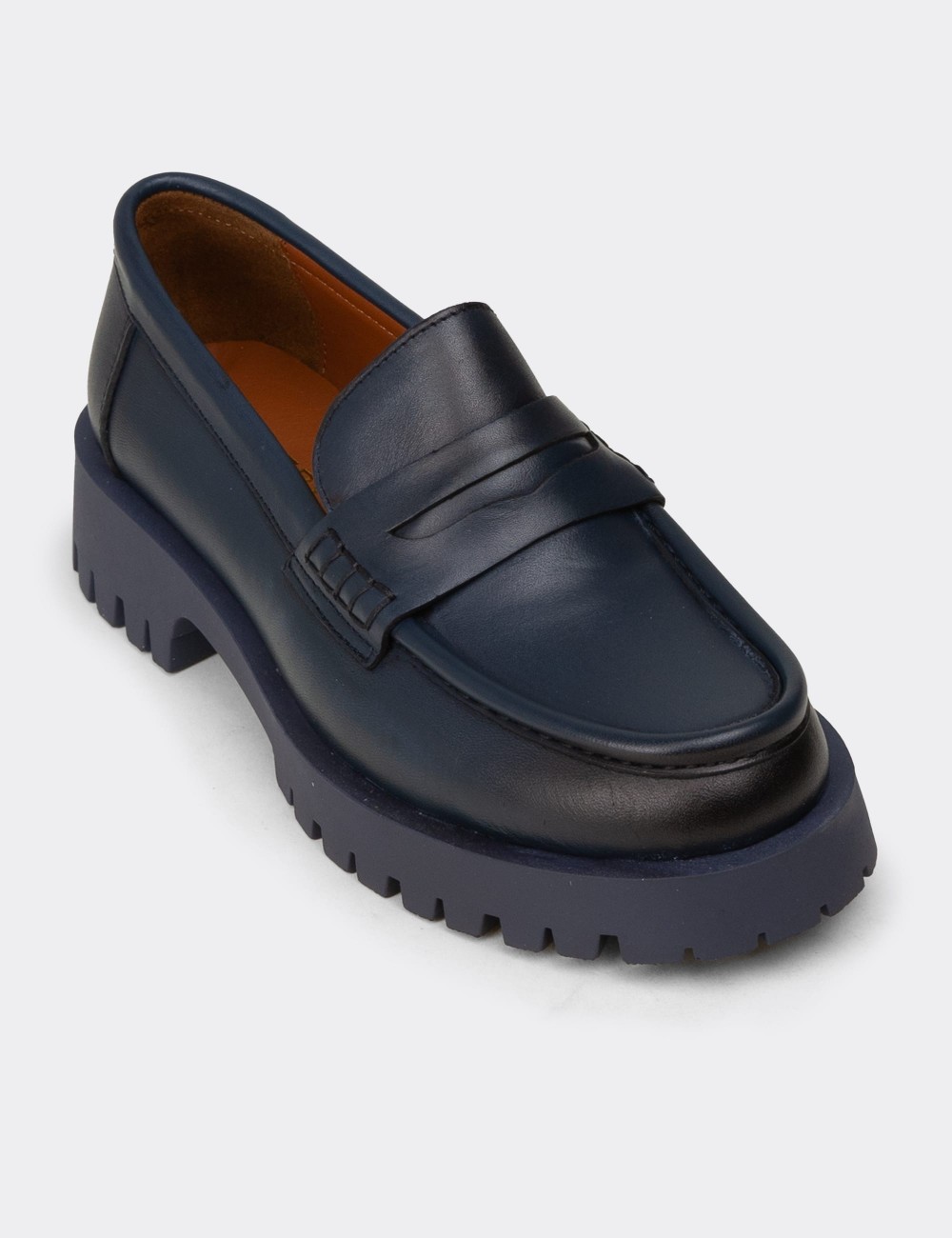 Women's Navy Suede Leather Loafers - 02034ZLCVC03