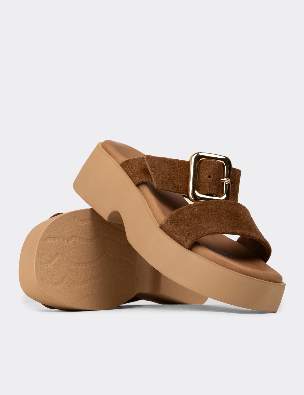 Women's Tan Suede Leather Platform Sandals - L2506ZTBAP01