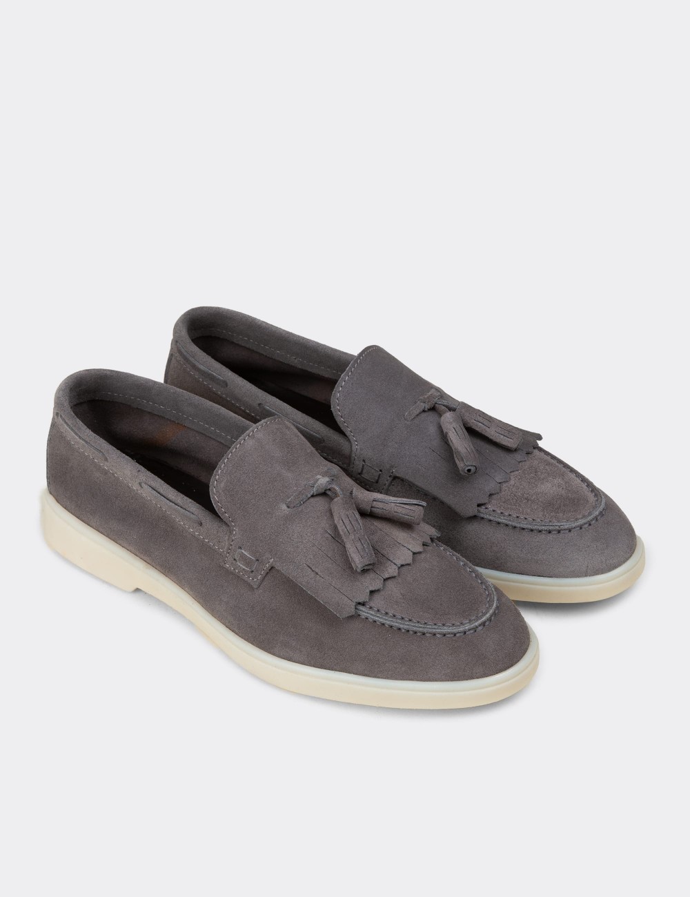 Men's Gray Suede Leather Tassel Loafers - 02030MGRIC02