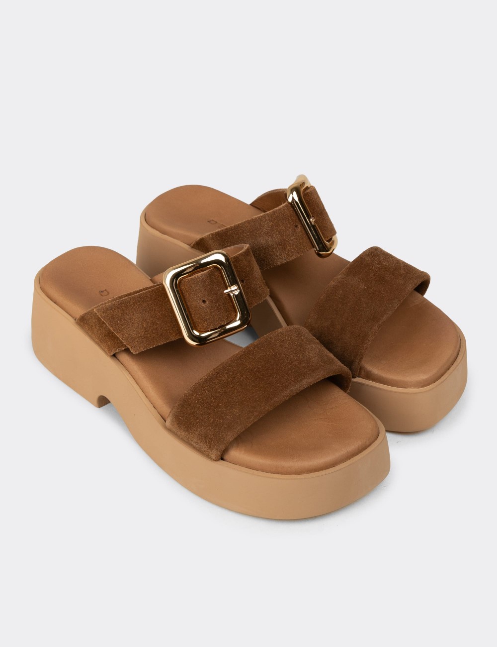 Women's Tan Suede Leather Platform Sandals - L2506ZTBAP01
