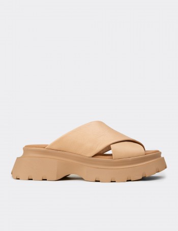 Women's Beige Leather Platform Sandals