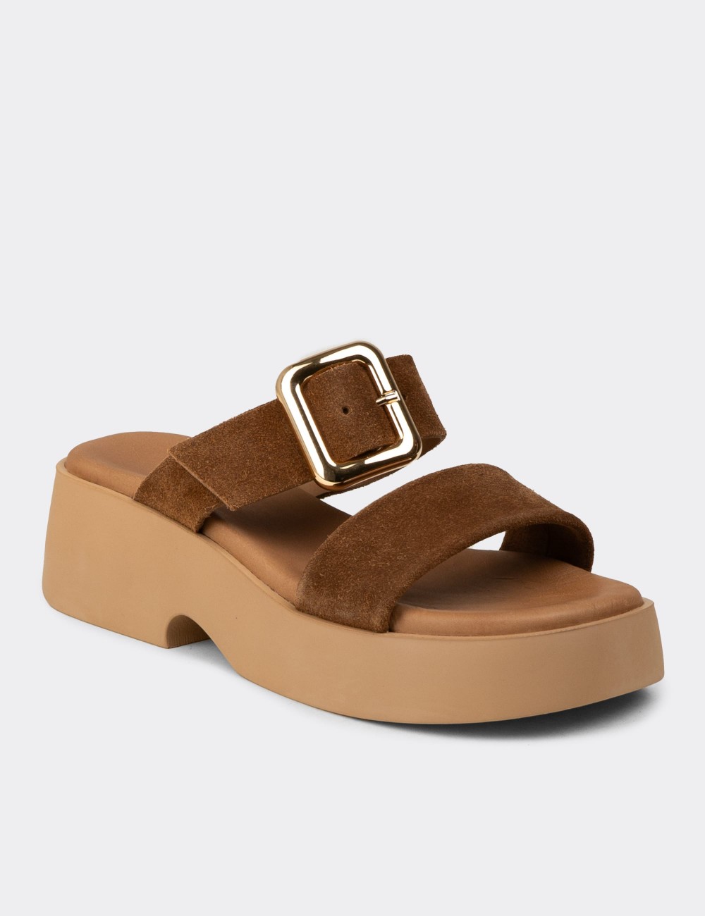 Women's Tan Suede Leather Platform Sandals - L2506ZTBAP01