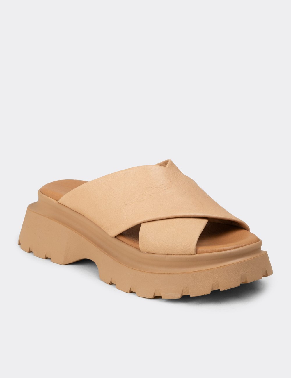Women's Beige Leather Platform Sandals - L2519ZBEJP01