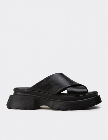 Women's Black Leather Platform Sandals