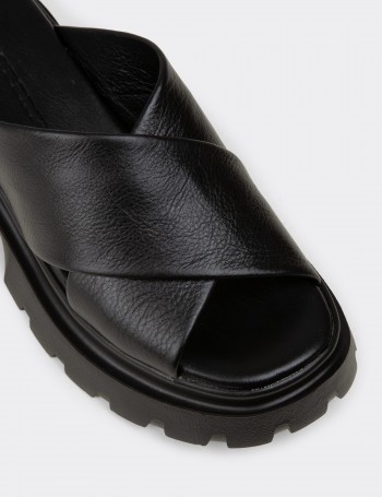 Women's Black Leather Platform Sandals