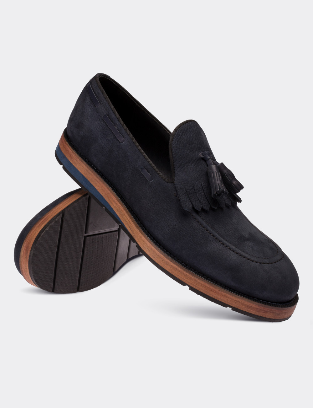 Navy Nubuck Leather Loafers & Moccasins Shoes - 01682MLCVE01