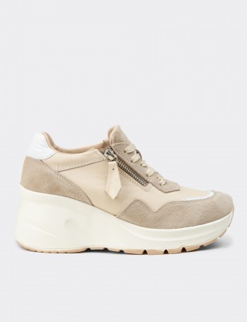 Women's Beige Suede Leather Platform Sneakers