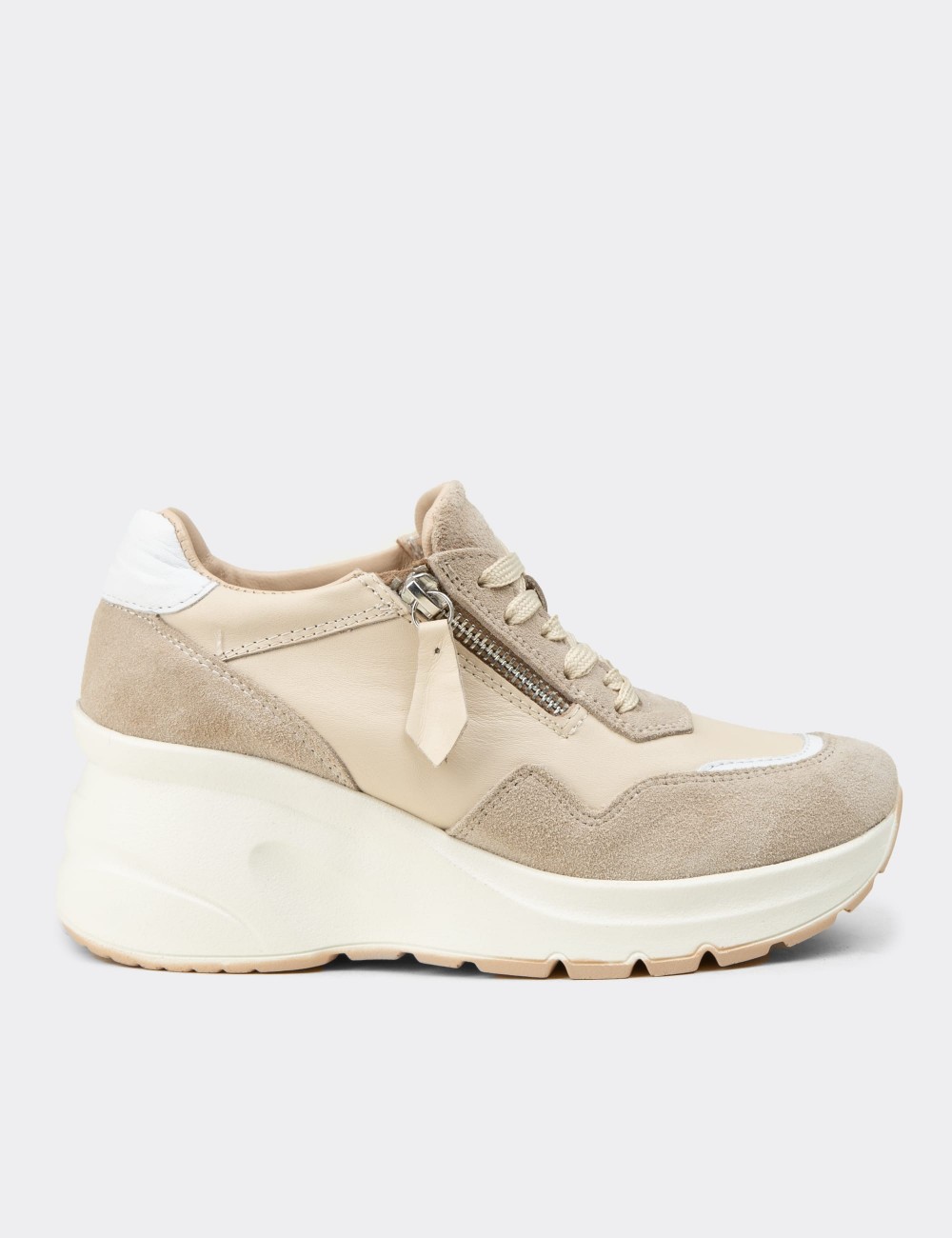Women's Beige Suede Leather Platform Sneakers - M9147ZBEJC01