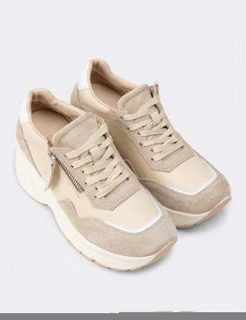 Women's Beige Suede Leather Platform Sneakers