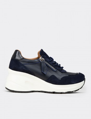 Women's Navy Suede Leather Platform Sneakers