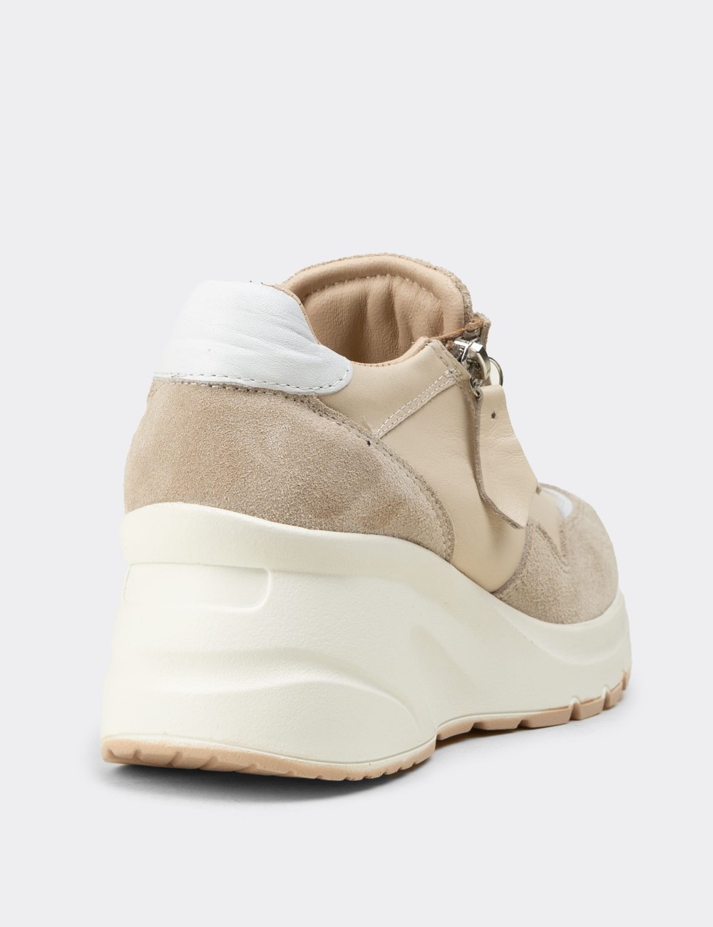 Women's Beige Suede Leather Platform Sneakers - M9147ZBEJC01