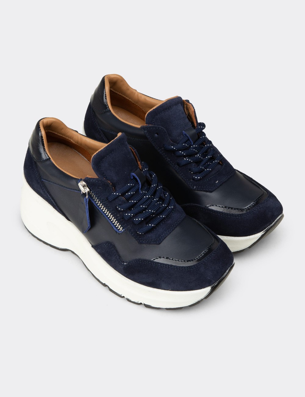 Women's Navy Suede Leather Platform Sneakers - M9147ZLCVC01