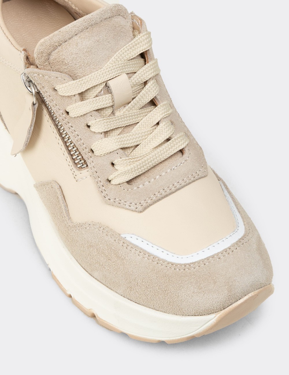 Women's Beige Suede Leather Platform Sneakers - M9147ZBEJC01