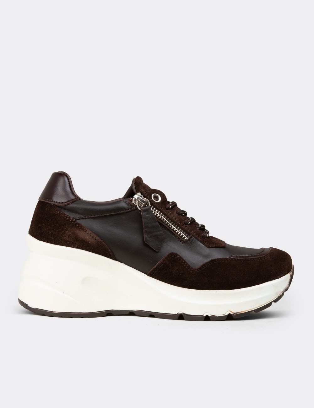 Women's Brown Suede Leather Platform Sneakers - M9147ZKHVC02
