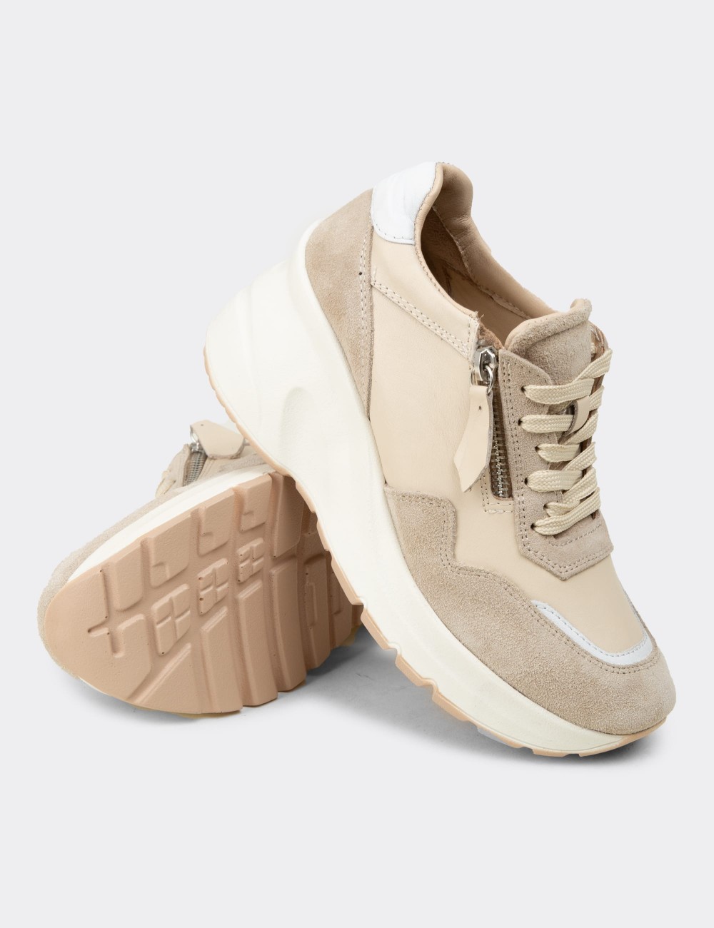 Women's Beige Suede Leather Platform Sneakers - M9147ZBEJC01