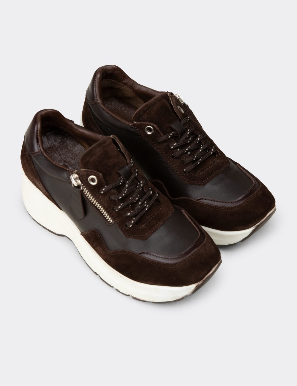 Women's Brown Suede Leather Platform Sneakers - M9147ZKHVC02