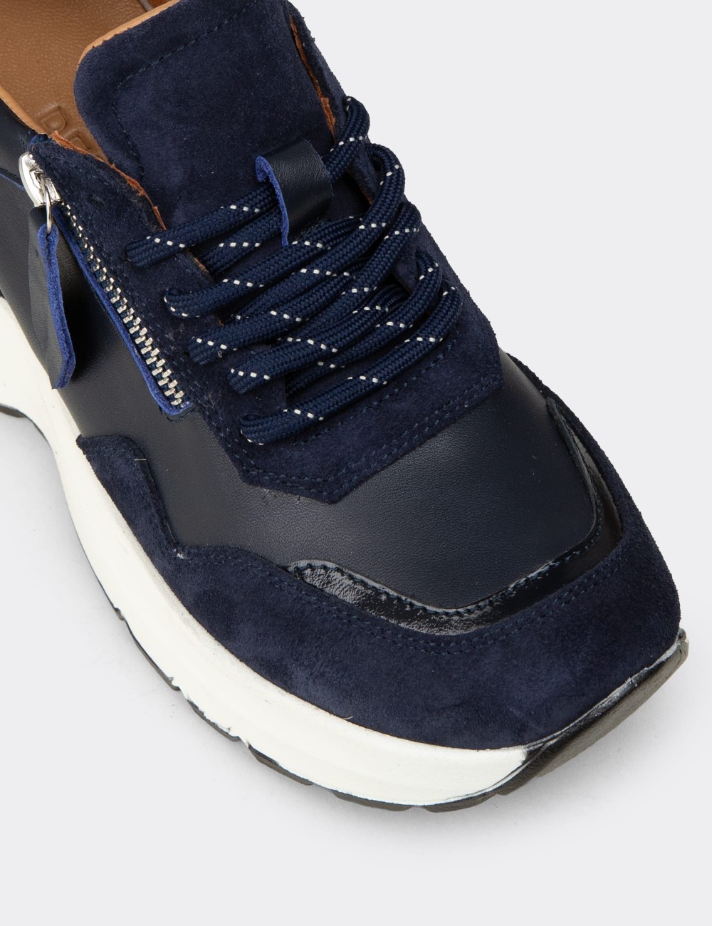 Women's Navy Suede Leather Platform Sneakers - M9147ZLCVC01