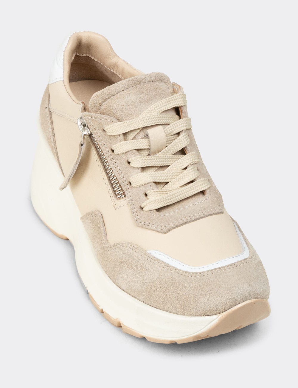 Women's Beige Suede Leather Platform Sneakers - M9147ZBEJC01