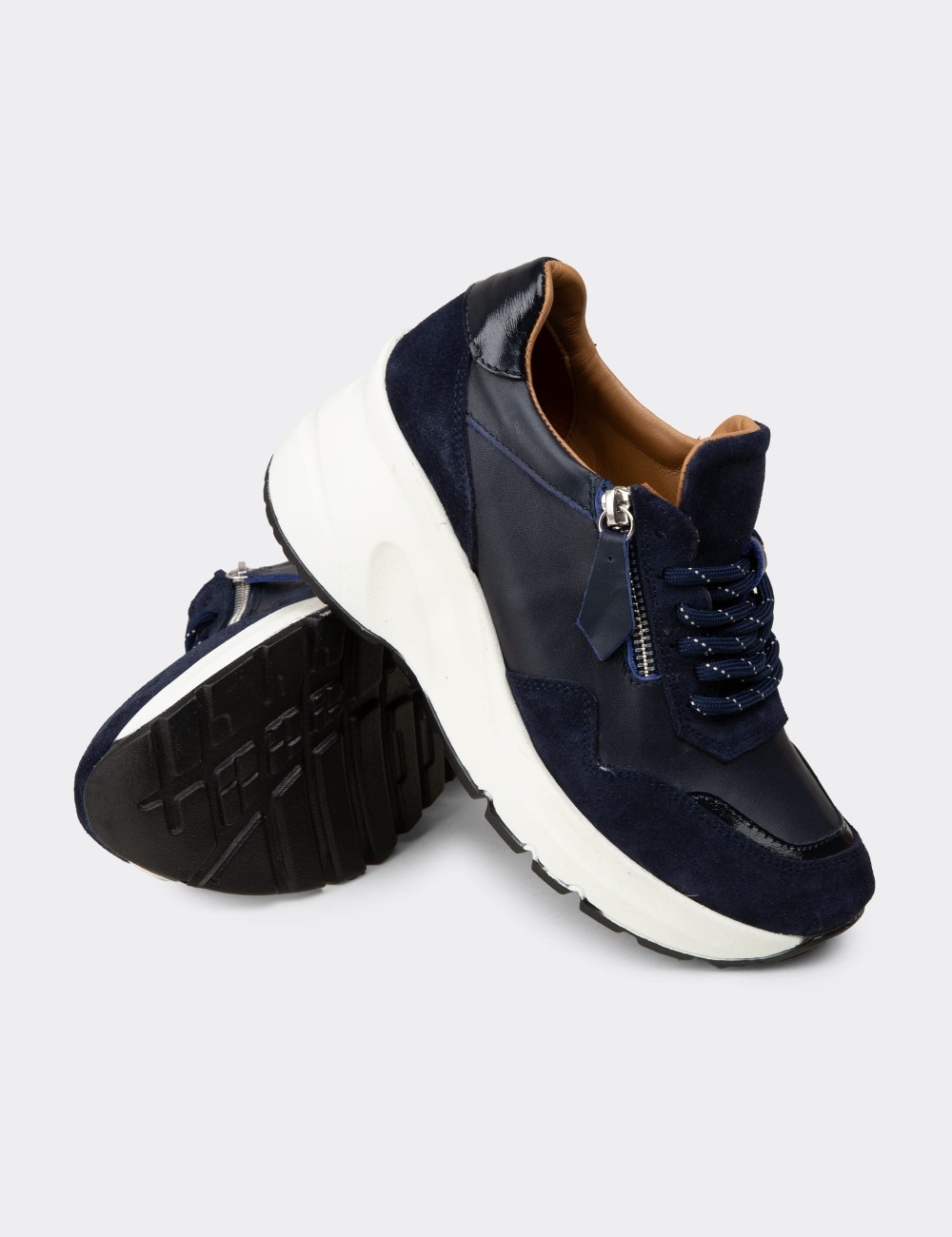 Women's Navy Suede Leather Platform Sneakers - M9147ZLCVC01