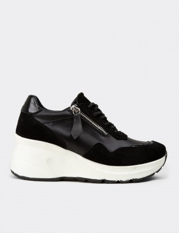 Women's Black Suede Leather Platform Sneakers