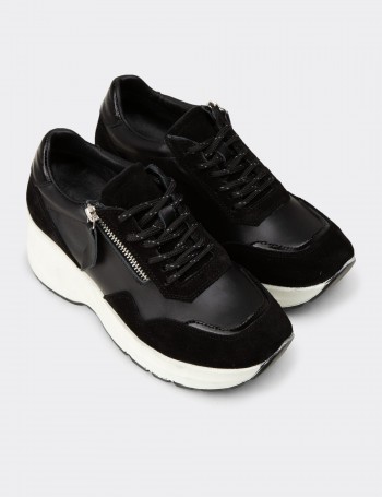 Women's Black Suede Leather Platform Sneakers