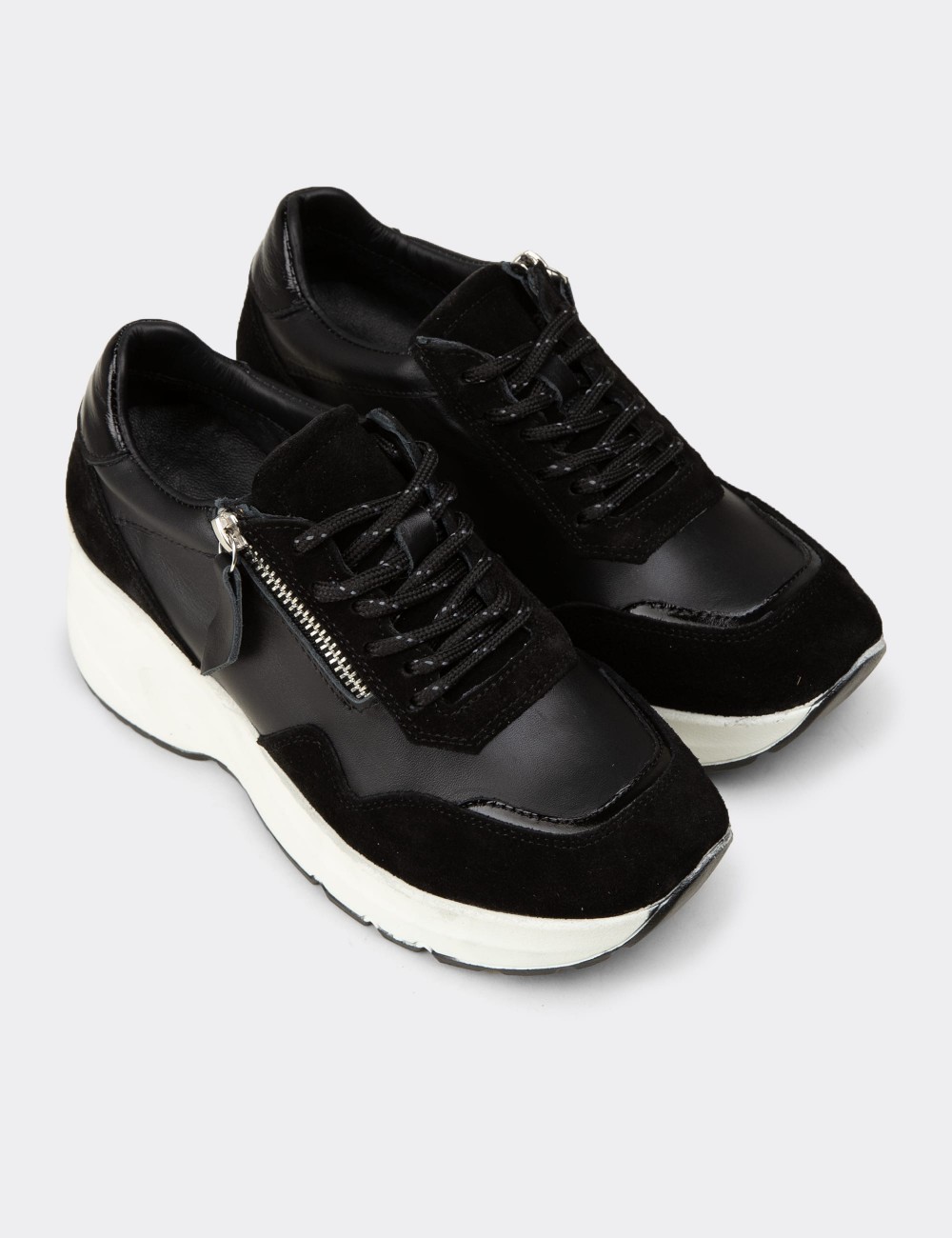 Women's Black Suede Leather Platform Sneakers - M9147ZSYHC01
