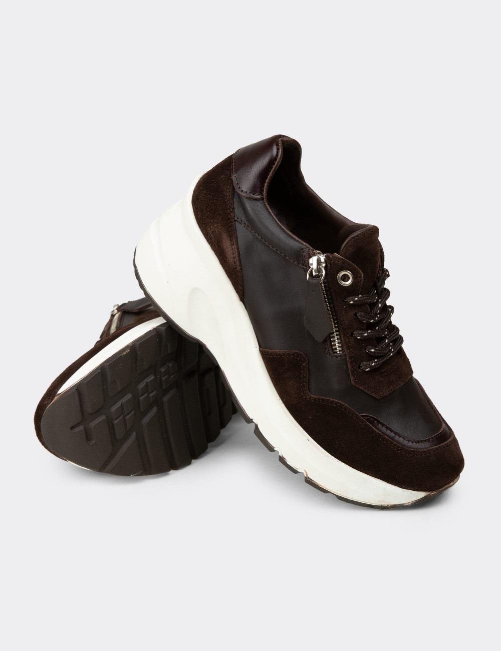 Women's Brown Suede Leather Platform Sneakers - M9147ZKHVC02