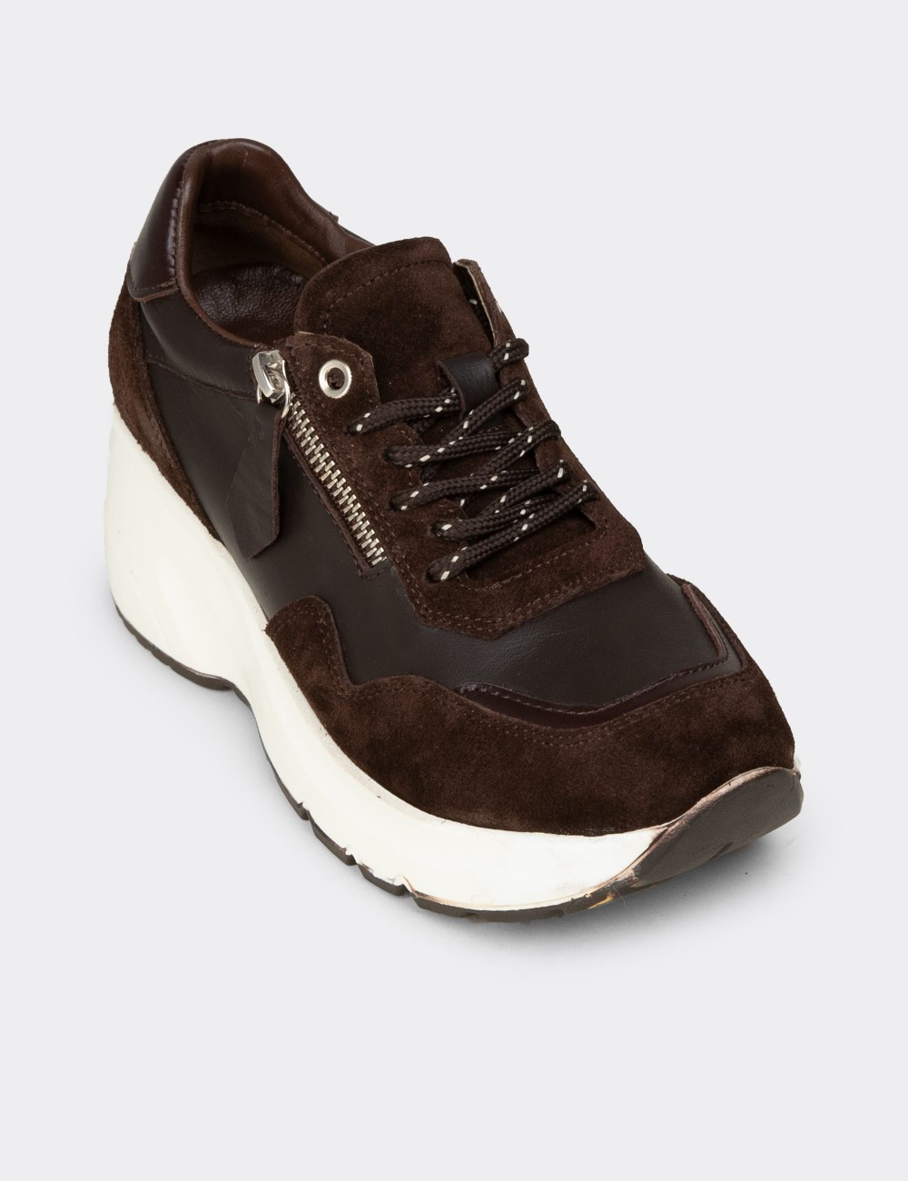 Women's Brown Suede Leather Platform Sneakers - M9147ZKHVC02