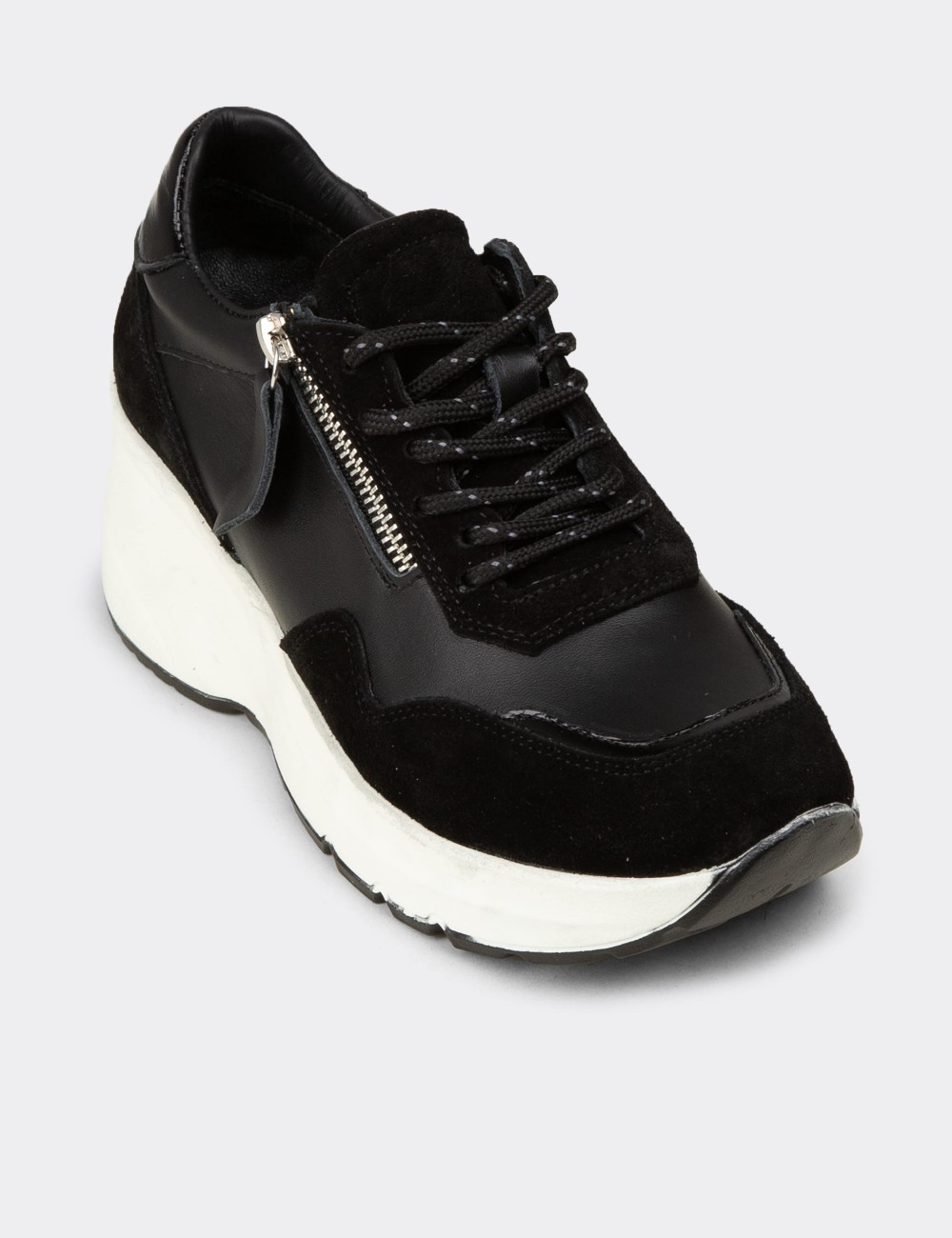 Women's Black Suede Leather Platform Sneakers - M9147ZSYHC01