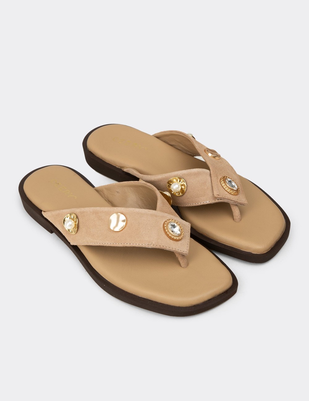 Women's Beige Suede Leather Sandals - 24712ZBEJC01