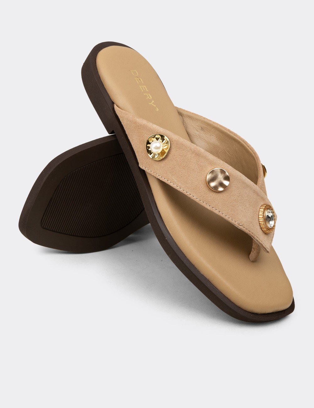 Women's Beige Suede Leather Sandals - 24712ZBEJC01