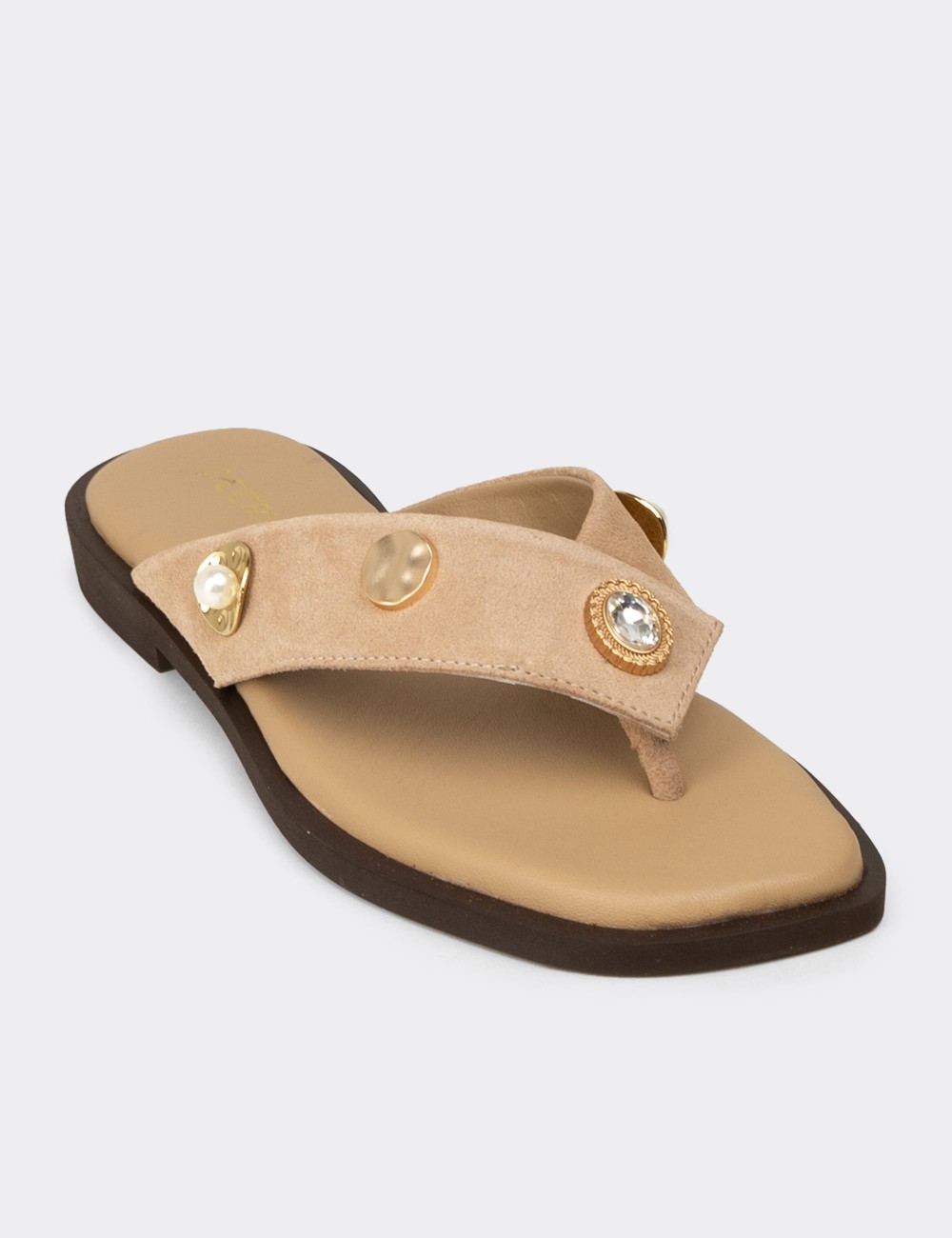 Women's Beige Suede Leather Sandals - 24712ZBEJC01