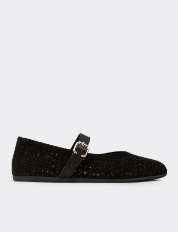 Women's Black Suede Leather Mary Jane Flats - N0413ZSYHC01