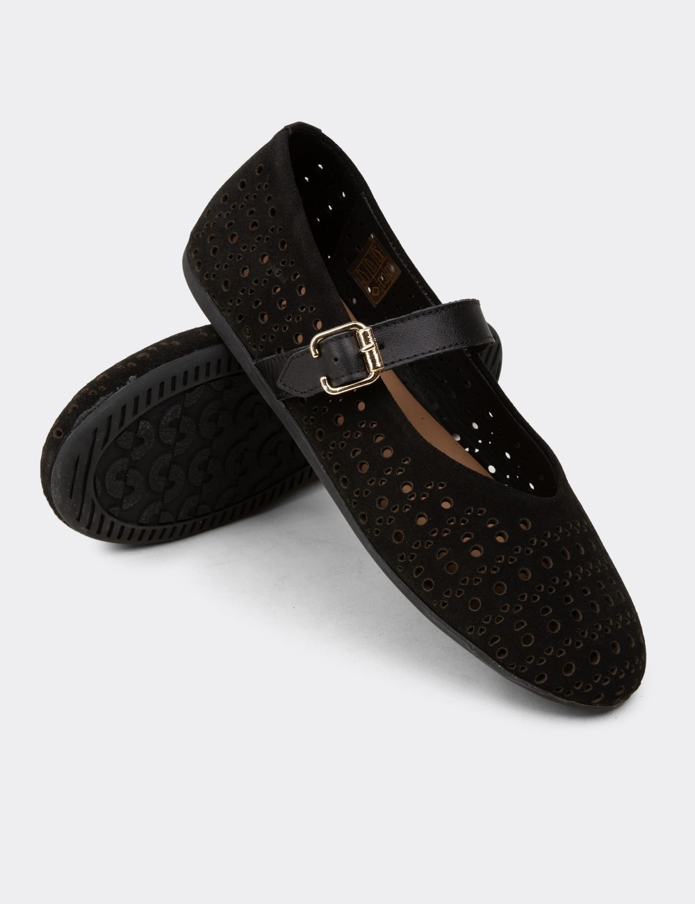 Women's Black Suede Leather Mary Jane Flats - N0413ZSYHC01