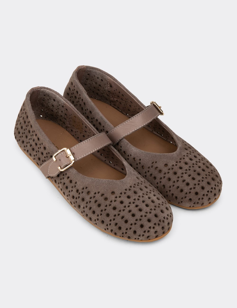 Women's Sandstone Suede Leather Mary Jane Flats - N0413ZVZNC01