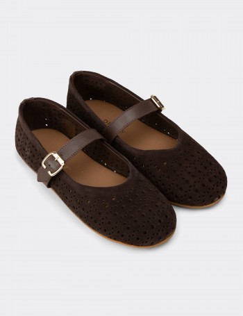 Women's Brown Suede Leather Mary Jane Flats - N0413ZKHVC01