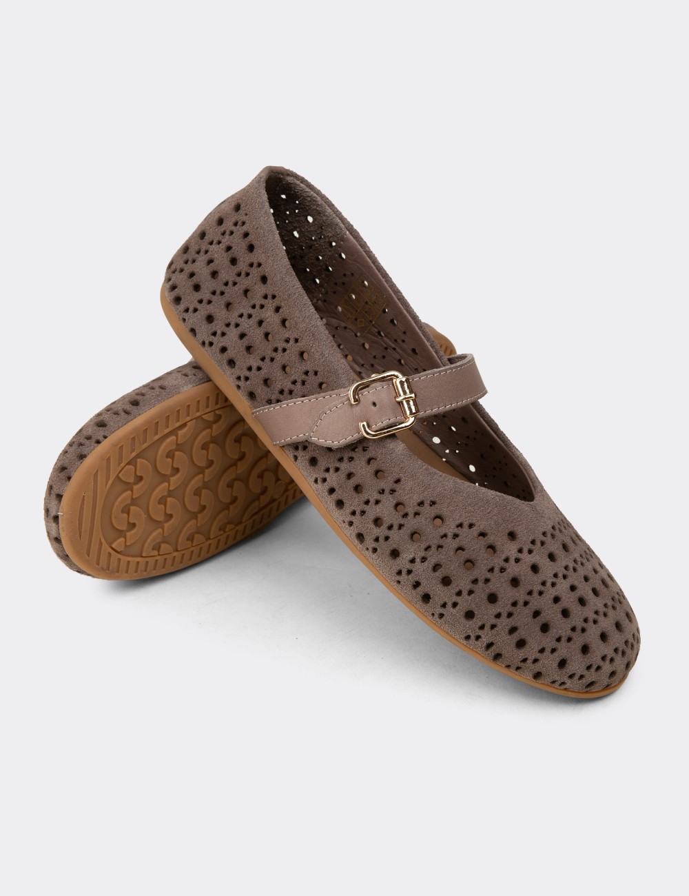 Women's Sandstone Suede Leather Mary Jane Flats - N0413ZVZNC01